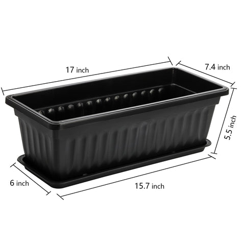 7 Pack 17 Inch Window Box Planters With Trays for Veggies and Flowers in black plastic, shown with measurements.