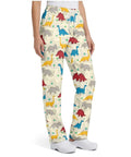 Fresh Fit Cartoon Dinosaur Print Scrub Pants For Women Wide Leg Cargo Nurse Trousers With Deep Side Pockets And Elastic Waist, colorful dino design.