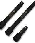 Half Inch Drive Impact Extension Bar Set With Three Extensions In 3 Inch 5 Inch And 10 Inch CRV Steel For Tough To Reach Bolts On Cars And Bikes Durable Impact Tools For Quick Access shown in 3, 6, and 8 inch options