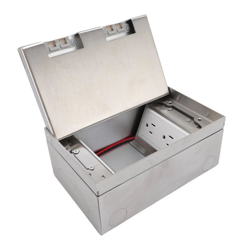 Slick Access Recessed Floor Electrical Outlet Kit Featuring Dead Simple Spring Loaded Lid And Flat Concealed Duplex Receptacle For Top Shelf Tile And Marble Floors, open stainless steel outlet box.