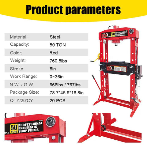50 Ton H Frame Hydraulic Shop Press With Floor Plates For Garage And Workshop Heavy Duty Beast Steel Construction red
