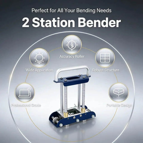Image of Two Station Sheet Metal Bender For Manual Bending Of Steel Aluminum And Copper From 0 To 90 Degrees with key features highlighted.
