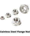Hardworking M10 X 1.5mm Serrated Hex Flange Lock Nuts in 304 Stainless Steel with bright finish, displayed in various sizes