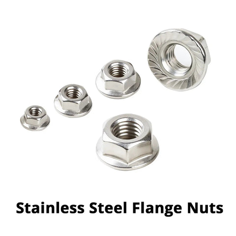 Hardworking M10 X 1.5mm Serrated Hex Flange Lock Nuts in 304 Stainless Steel with bright finish, displayed in various sizes
