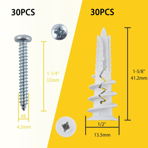 60Pcs Self Drilling Drywall Anchors And 8 Screws Heavy Duty Wall Anchors For Drywall Holds Up To 75 Lb No Pre Drill Hole Required Drywall Screws And Anchors Kit For Hanging Frames Shelves And TV, showcasing screw and anchor measurements.
