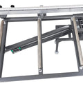 Pro Grade 220V Woodworking Table Saw With Dust Free Housing And Smooth Four Way Swing Arm, showing stainless steel rails.