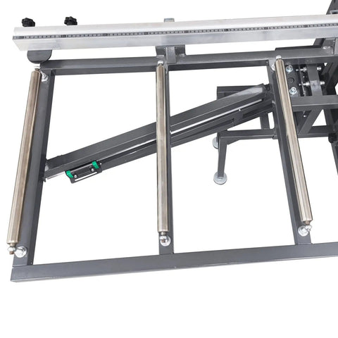 Pro Grade 220V Woodworking Table Saw With Dust Free Housing And Smooth Four Way Swing Arm, showing stainless steel rails.