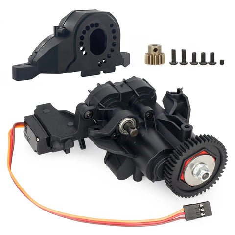 Beefed Up 2 Speed RC Crawler Transmission Gearbox With Servo Upgrade Kit featuring metal gears and bearings, compatible with TRX 4 and TRX 6