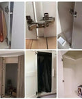 Multiple views of 45 to 90 Degree Hydraulic Damper Hinge for Cabinets and Wardrobes Soft Close Corner Door Hardware installed on doors.