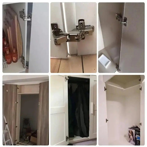 Multiple views of 45 to 90 Degree Hydraulic Damper Hinge for Cabinets and Wardrobes Soft Close Corner Door Hardware installed on doors.