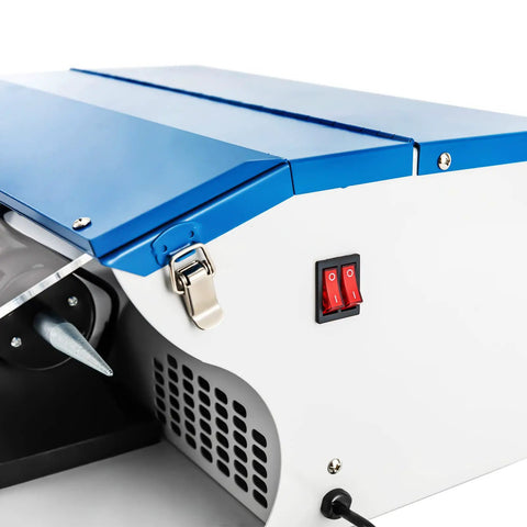 Side view of Workhorse Jewelry Polisher Buffer with 200W Motor, Dust Collector, metal casing, and control switches visible.