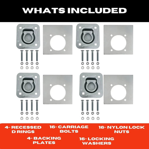 Recessed Pan D Ring Floor Tie Downs Four Pack For Cargo Trailers And Truck Beds 6000 Lbs Breaking Strength with included hardware kit