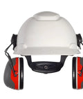 Noise Reduction Ear Muffs With Hard Hat Attachment NRR 25 DB for construction showing white hard hat with attached ear muffs