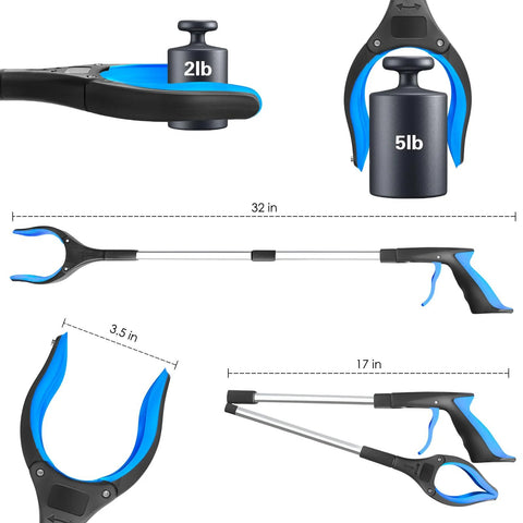 PECEBO 32-inch foldable reacher/grabber tool with rotating jaw and magnet, blue/black handle, 1-pack