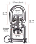Heavy Duty Swing Swivel With Dual Bearings That Spin Dang Smooth 360 Degrees, stainless steel with dimensions marked.