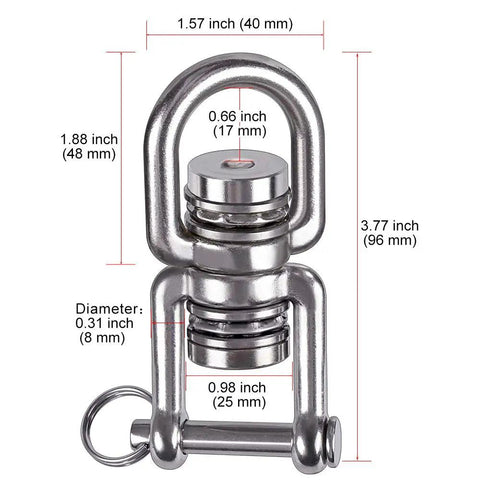 Heavy Duty Swing Swivel With Dual Bearings That Spin Dang Smooth 360 Degrees, stainless steel with dimensions marked.