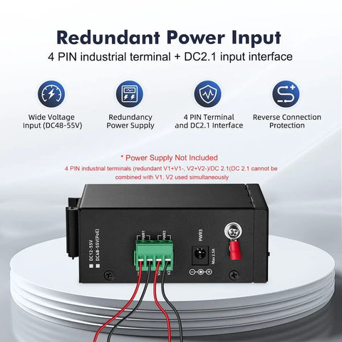 Redundant power input feature of Eight Port Mini PoE Plus Industrial Switch Unmanaged 10/100 Mbps Ethernet, showing 4 PIN terminal