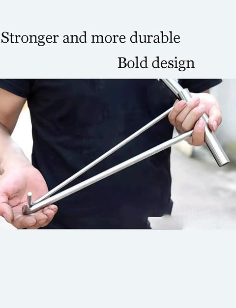 Person holding No Sweat Heavy Duty Stainless Steel T Hook Lifter For Manhole Covers Drain Grates Storm Sewers Rolling Shutters Built Tough Utility Access Tool Wrench 34 Inches Long.