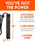 Rotating Surge Protector Power Strip With Six Swivel Outlets And Two USB Ports, 1080 Joules Of Surge Protection, Extra Long Cord