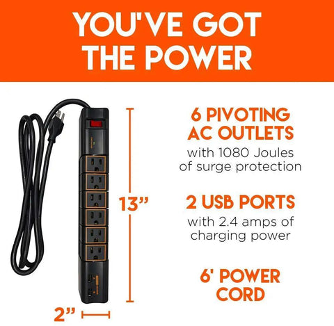 Rotating Surge Protector Power Strip With Six Swivel Outlets And Two USB Ports, 1080 Joules Of Surge Protection, Extra Long Cord