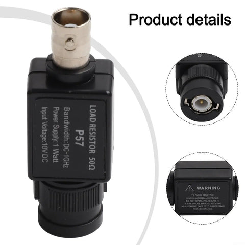 Close-up of 50 Ohm BNC Male to Female Adapter With 1 Watt Dummy Load Resistor showing connection and label details.
