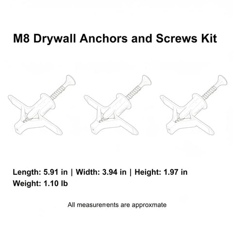 Illustration of M8 drywall anchors and screws from Heavy Duty Hollow Wall Mounting Kit For Shelves And Mirrors With M8 Drywall Anchors And Screws 50 Piece Zinc Plated Steel Hardware Set Anti Rotation Wings For Rock Solid Precise Install, showing dimensions.