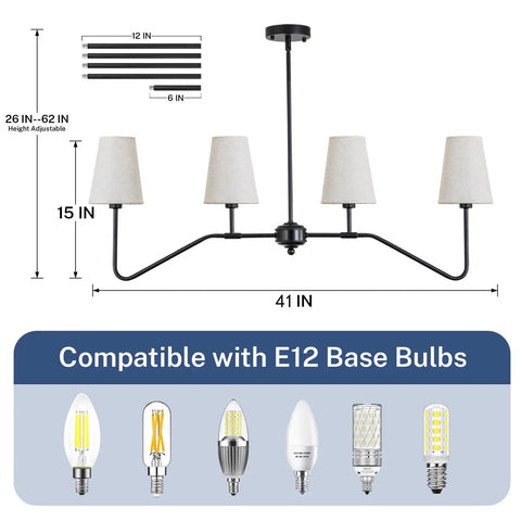 Dimensions and bulb compatibility of 4 Light Kitchen Island Lighting Fixture Dope Modern Linear Chandelier Over Table Matte Black Finish With Linen Shades 41 Inch Wide Height Adjustable Classic Look For Kitchen Island Dining Room Living Room