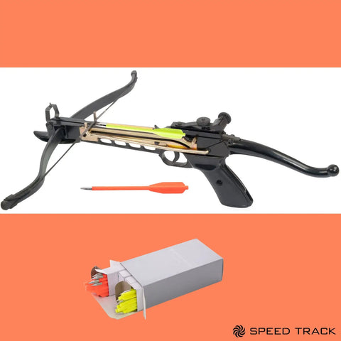 60 Piece Red And Yellow 6.25 Inch Archery Crossbow Bolts Set For 50 To 80 Lb Pistol Crossbows shown with crossbow