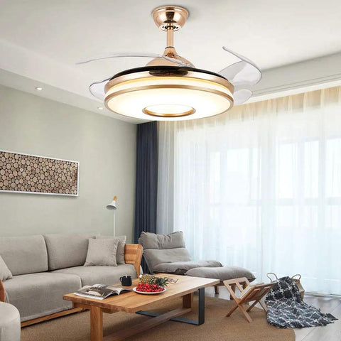 Living room with Retractable Gold Ceiling Fan With Light And Invisible Blades, 42 Inch Crystal Chandelier LED Lamp, stylish decor