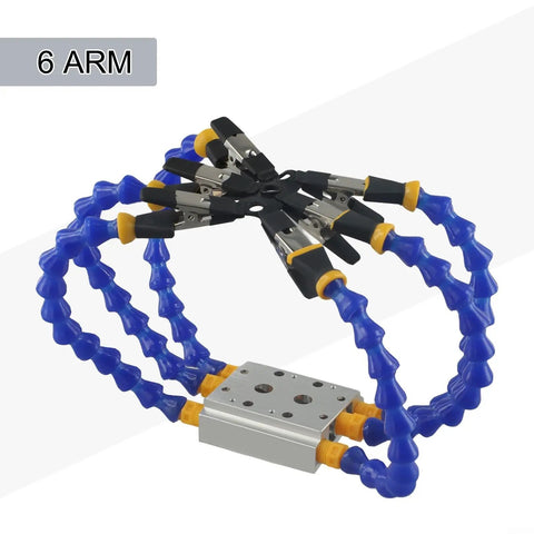 Hosrivae Flexible Helping Hands Tool With 6 Adjustable Vise Arms And Heat Resistant Clip Tips For Soldering Iron Holder with blue arms.