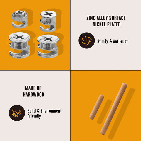 Top Shelf Cam Lock Furniture Hardware Kit 380 Pieces With Zinc Cam Bolts Expansion Pins And Wood Dowels, includes nickel plated cam locks and wooden dowels.