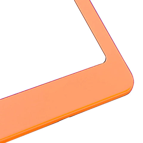 Close-up of Orange 8K Mirror Polished Stainless Steel License Plate Frame with rust resistant build and slim modern design.