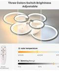 Six Ring LED Ceiling Light With Remote Control Dimmable White Flush Mount Fixture showing three color settings and dimming range