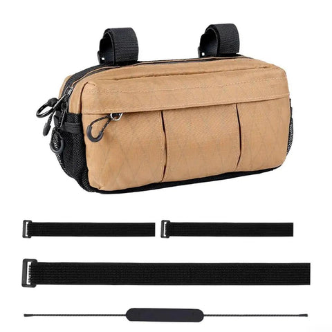 Waterproof Nylon Bike Handlebar Bag With Grab And Go Large Main Compartment And Side Pockets in Brown, shown with straps.