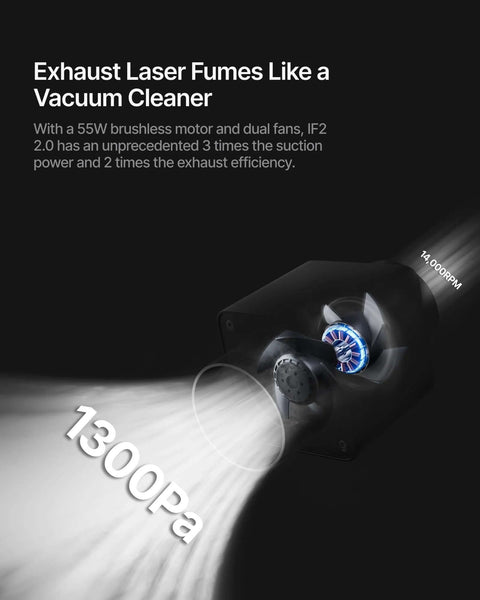 Inline duct fan for laser exhaust, black housing, blue motor, 14000 RPM