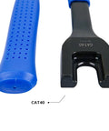 Close-up of CAT40 CAT50 BT40 Pull Stud Wrench, black oxide finish with blue rubber handle for Mazak spindle tools