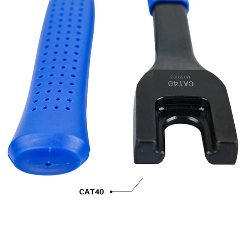 Close-up of CAT40 CAT50 BT40 Pull Stud Wrench, black oxide finish with blue rubber handle for Mazak spindle tools