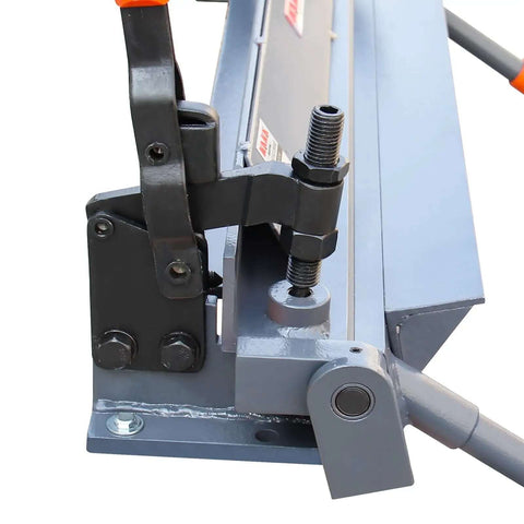 Close-up of 24 Inch Heavy Duty Sheet Metal Brake Bender for 18 Gauge Steel, Adjustable 0 to 135 Degrees, W-2418 mechanism detail