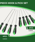 8 Piece Pick And Hook Set For Cars And Auto Repair Precision Mini Hooks And Puller Remover Kit For Oil Seals O Rings And Gaskets Heavy Duty CR-V Steel And Chrome Vanadium Shafts Ergonomic Green Handles, 4pcs 9.5in and 4pcs 6.5in