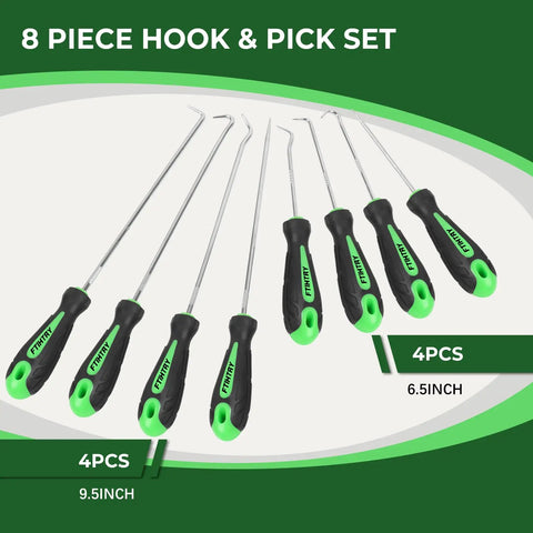 8 Piece Pick And Hook Set For Cars And Auto Repair Precision Mini Hooks And Puller Remover Kit For Oil Seals O Rings And Gaskets Heavy Duty CR-V Steel And Chrome Vanadium Shafts Ergonomic Green Handles, 4pcs 9.5in and 4pcs 6.5in