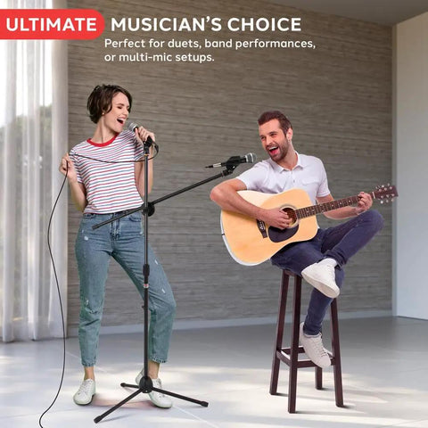 Pair Of Universal Adjustable Tripod Microphone Stands Heavy Duty Lightweight Stage Studio Boom Mic Holders With Carry Bag Five Eighths Inch Adapter Kit in use by performers singing and playing guitar.