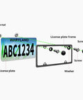 Legit Real Carbon Fiber License Plate Frame with screws, washer, and mount illustration for installation.