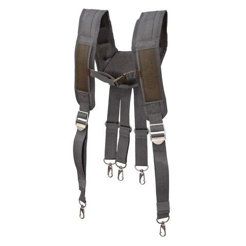 Cooling Mesh Padded Tool Belt Suspenders With Heavy Duty Steel Hardware, Chest Strap, And Adjustable Fit shown on white background