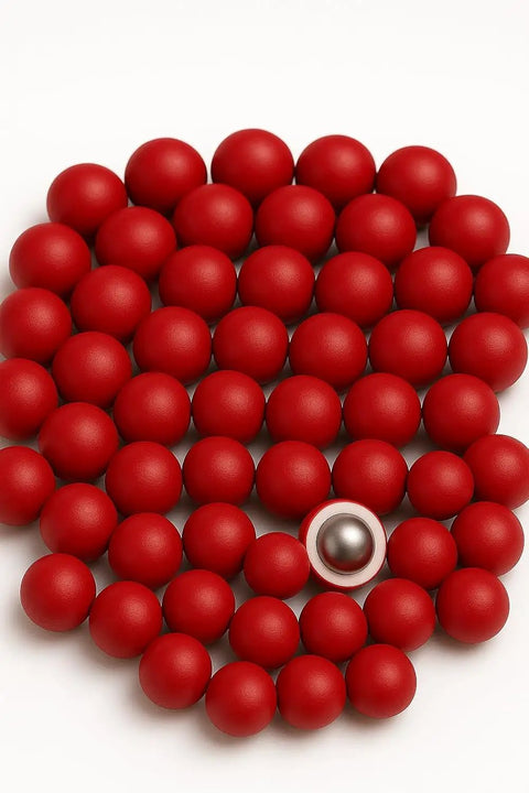 ABS Coated Steel Balls Set 17.25mm Red 10g Core With Nylon Steel Build, 0.68 Inch Precision Spheres, 40 Pack For Bearings, Hobby Machining, And High Durability In Tough DIY Projects. Red ABS-coated steel balls with one cutaway showing the metal core