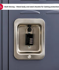 Front view of a black Master Lock combination padlock with three dials on a metal locker door.