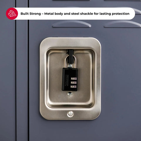 Front view of a black Master Lock combination padlock with three dials on a metal locker door.