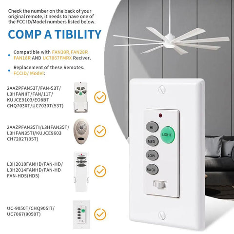 Enhanced Universal Ceiling Fan Wall Control Remote With 3 Speed Regulator And Full Range Dimmer, Transmitter Only