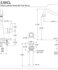 Technical drawing of All American Single Handle Bathroom Faucet With Push Pop Up And Cover Plate In Polished Chrome, dimensions detailed.