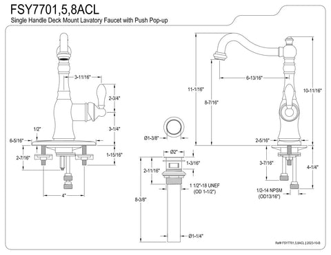 Technical drawing of All American Single Handle Bathroom Faucet With Push Pop Up And Cover Plate In Polished Chrome, dimensions detailed.
