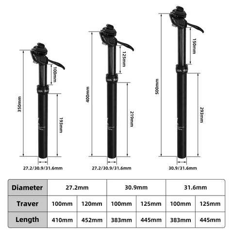 Cable-Less Hydraulic Dropper Seatpost For MTB E-Bike And Road Bikes, Dia 27.2mm 30.9mm 31.6mm, Travel 100mm 120mm 125mm